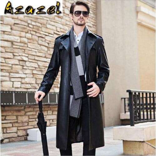 Free shipping Brand Mens Long leather jacket Men Plus Size Sheep skin Outwear Suit collar coat male Fashion Leather trench coat
