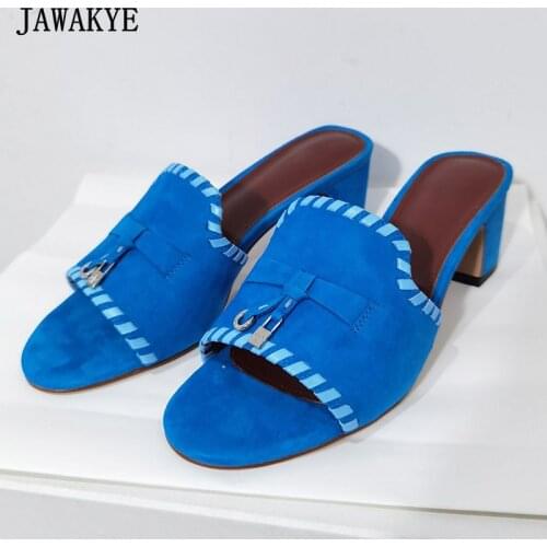 Lock Tassel Chunky Heel Women Slides Suede Open Toe Comfort Dress Mules Real Leather Block Heel Summer Slippers Casual Shoes