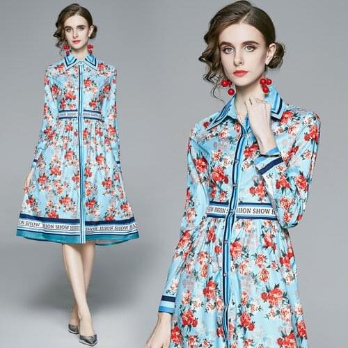 New Spring Elegant High-quality French Dress Women Vintage Letter Floral Printed Party Dress Tunic Slim Knee-Length Shirt Dress
