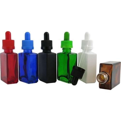 Flat Square Amber White Black Blue Green Red Glass Bottle 30ml 1 oz e liquid Perfume Dropper Essential Oil Bottles 20pcs
