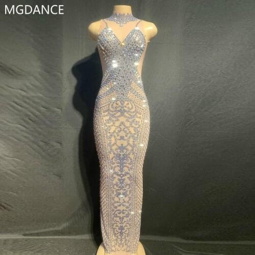 See Through Net Dress Stage Costume Sparkly Rhinestones Mesh Long Dress Womens Birthday Celebrate Dance Outfit