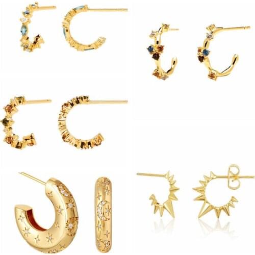 925 Sterling Silver Ear Needle Colorful Rainbow CZ Stud Earring C Type Round Earrings for Girls Party Jewelry Birthday Gifts