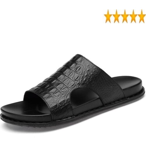 Men Black Slippers Fashion Crocodile Pattern Casual Slides Summer Breathable Beach Shoes Sandals Male Plus Size 37-45