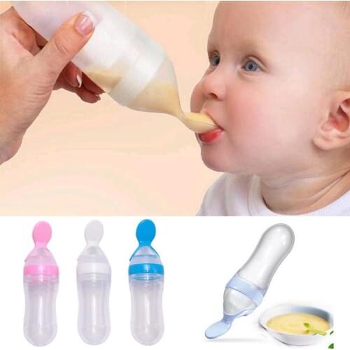 Silicone Baby Feeding Bottle With Spoon Food Supplement Rice Cereal Bottle Baby Squeeze Silica Gel Spoon 90ml