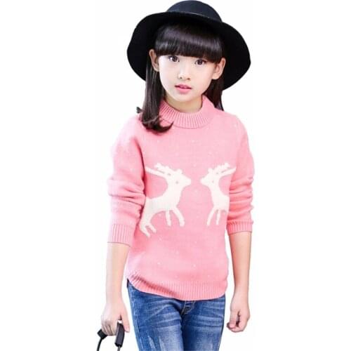 Pink Cute Girls Cartoon Deer Sweater Warm Comfortable Girl Teenagers Kids Teens Long Sleeve Sweater for 6 8 10 12 14 Years