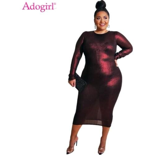 Adogirl XL-5XL Burgundy Gilding Plus Size Women Dress O Neck Long Sleeve Bodycon Midi Night Club Party Dresses Fashion Clothing
