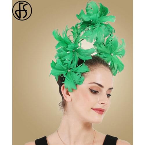 FS Green Fascinators For Wedding Ladies Church Hats Big Derby Feather Hair Bride Pearl Headwear Beautiful Flower Accessories
