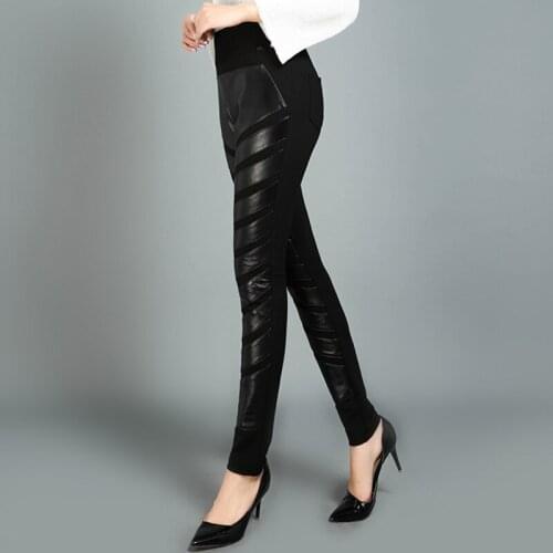 Lady Genuine Spliced Sheepskin Soft Stretch Real Leather Trousers Women Casual Plus Size Slim Pencil Pants Female