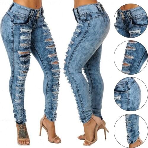 Womens Sexy High Waist Pencil Jeans Casual Blue Ripped Denim Pants Lady Long Skinny Slim Jeans