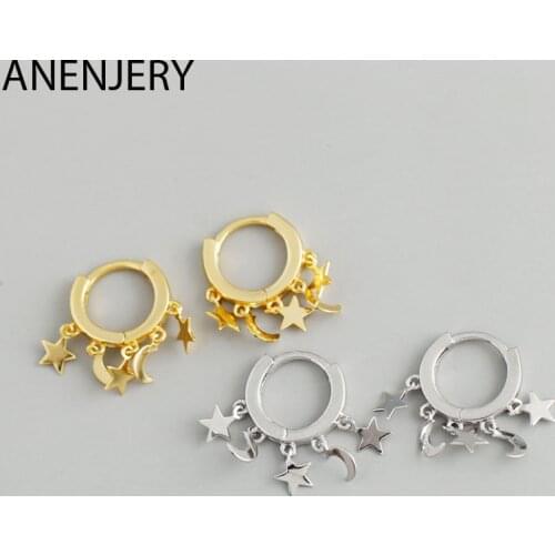 ANENJERY 925 Sterling Silver Star Moon Tassel Earring For Women Simple Cute Earring Hoop Hot Selling Jewelry Wholesale