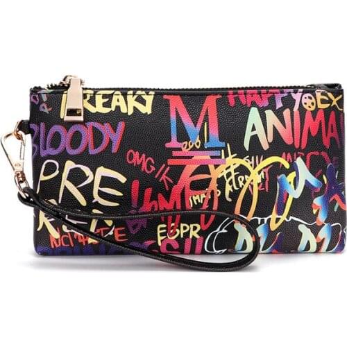 Clutch Women Wallet 2020 Women Colorful Wallets Letters Graffiti Ladies Clutch Bags Leisure Female Purse New Coin Purse Black
