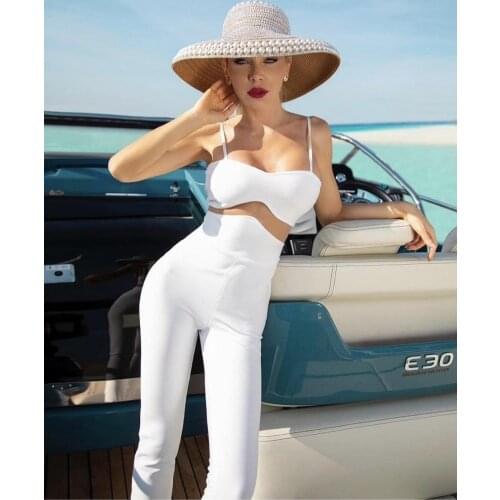 Women Summer Fashion Luxury Sexy Sleeveless Mesh White Bodycon Bandage Jumpsuit 2021 Celebrity Designer Bodycon Rompers