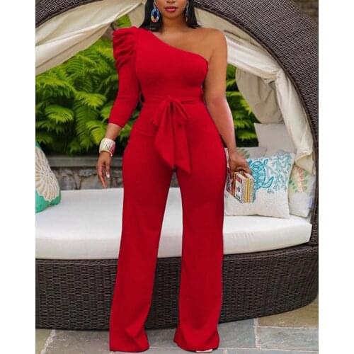 Casual Ruffles One Shoulder Wide Leg Pants Plus Size Solid Color Long Sleeve Office Lady Loose Jumpsuit