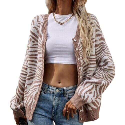 2021 New Women Button-down Knit Sweater Adults Loose Printed Long Sleeve Round Neck Cardigan