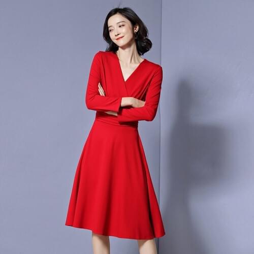 2019 Spring Dress For Women V Neck Long Sleeve Elegant A-Line Dresses Female Medium Long Style Solid Color Red Blue Slim Dress