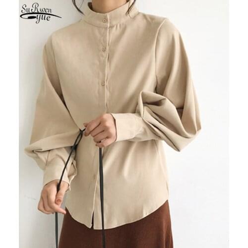 2021 New Fashion Womens Tops and Blouses Casual Shirt Lantern Long Sleeve Women Blouse Solid Stand Collar Women Clothing 2516