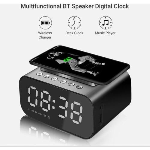 BT Speaker LED Digital Clock Multifunctional Sound Box Wireless Charger Desk Clock FM Radio Wireless Charging Device Alarm Clock