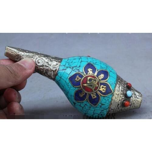 Pure white Copper Grandpa Good Lucky Handwork Miao Silver Tibet Buddhism Inlay Turquoise Lucky Conch Shell Trumpet Horn Statue