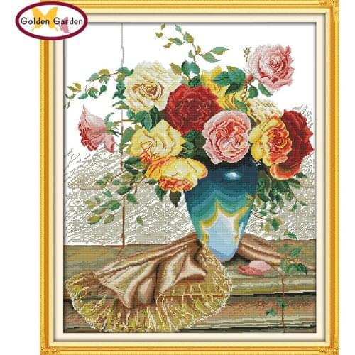 GG Colorful Roses Cross Stitch Embroidery Needlework Sets 11CT 14CT Handicraft Joy Sunday Cross Stitch Kits for Home Decoration