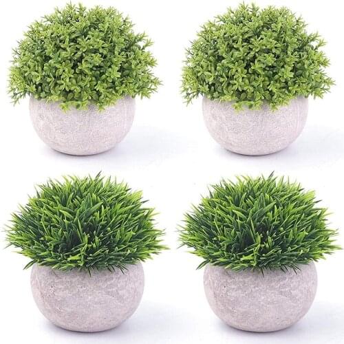 4 Pcs Potted Plastic Artificial Green Plants, Fake Topiary Shrubs Fake Plant, Small Faux Greenery, for Bathroom Home