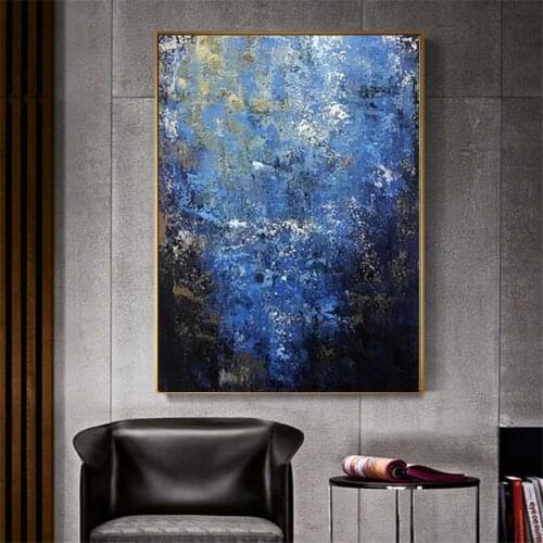 Blue oil painting 100% Hand painted Abstract Oil Painting Canvas art modern gold artwork Wall Art Picture for Living Room erect
