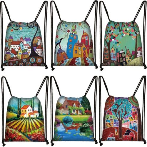 Beautiful Rural Landscape Painting Print Backpack Women Softback Rucksack Girls Drawstring Bag Ladies Party Storage Travel Bags