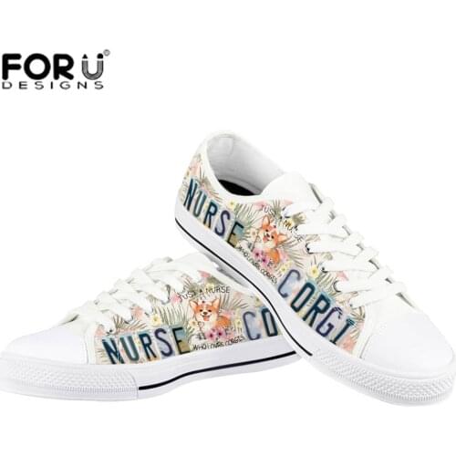 FORUDESIGNS Unisex Vulcanize Shoes Classic Nurse Corgi Prints Lace-up Casual Shoes Fashion Walking Sneakers LowTop Canvas Shoes