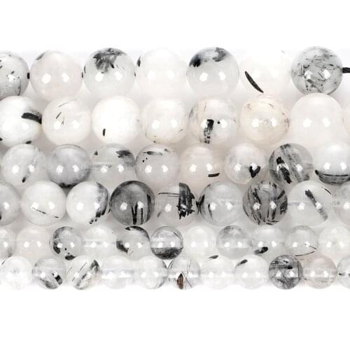 Natural Stone Beads Black Hair Quartz Crystal Agates Round Loose Beads For Jewelry Making DIY Necklace Bracelets 15" 6-10mm