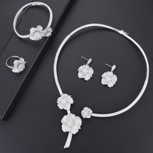 LARRAURI 2019 New Trendy Jewelry Making Luxury Cubic Zirconia Silver Color Flower Jewelry Sets Bangle Earrings Necklace Ring