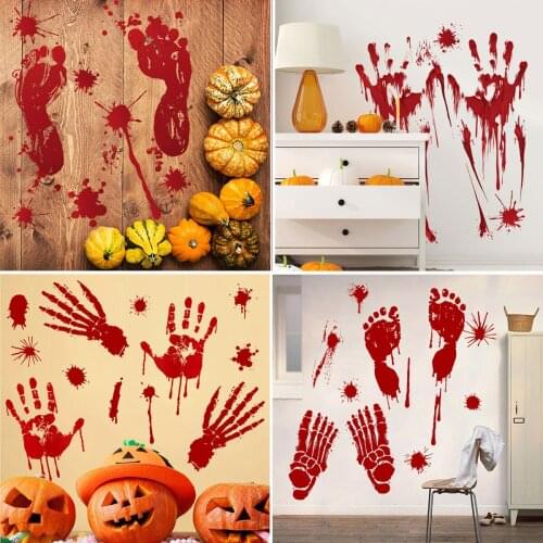 Halloween Day Wall Decals Blood Handprint Footprint Wallpaper Scary Stickers Shop Window Glass Poster Mural Office Vinyl Decors