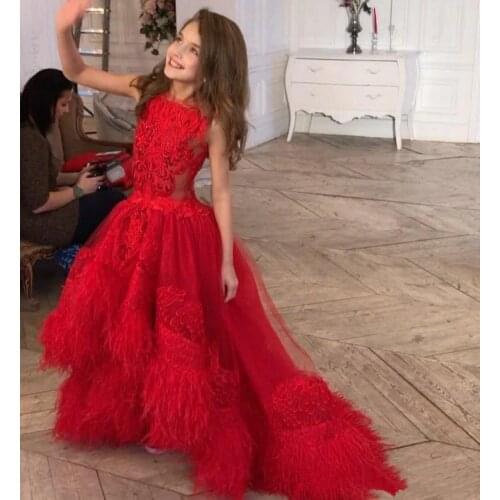 Red Feather High Low Flower Girl Dresses For Wedding Beaded Bateau Neck Appliqued Toddler Pageant Gowns Tulle Kids Prom Gowns