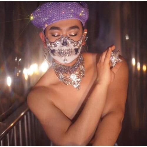 Fashion Skull Rhinestone Party Masks Women Men Club Crystal Mask Halloween Cosplay Face Decoration Dancer Stage Accessories