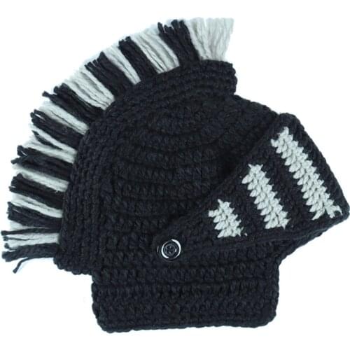 Funny Knit Roman Knight Helmet Hat Tassel Barbarian Earflap Skull Cap with Mask