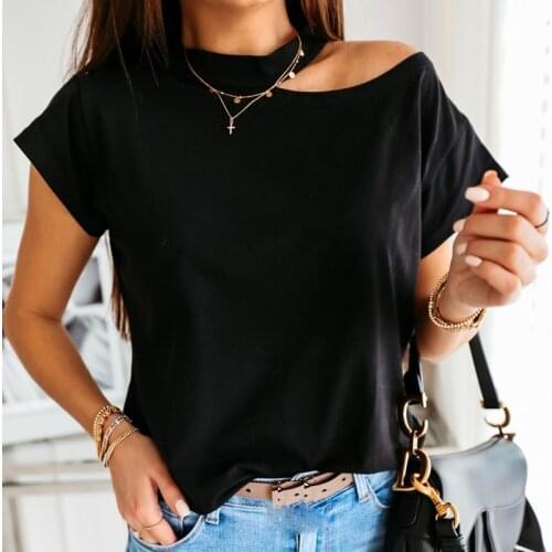 Womens Cold Shoulder T-Shirts Female Short Sleeve O-Neck Solid Color Top Shirts Summer Casual Fashion Clothes