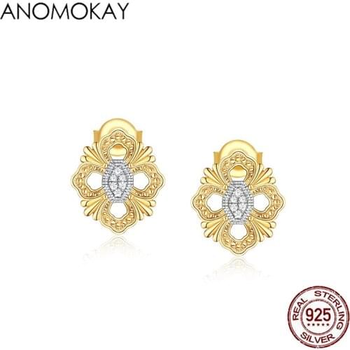 Anomokay New Spring Gold Color Hollow Flower Stud Earrings for Women White Zircon 925 Sterling Silver Women Earrings Gift