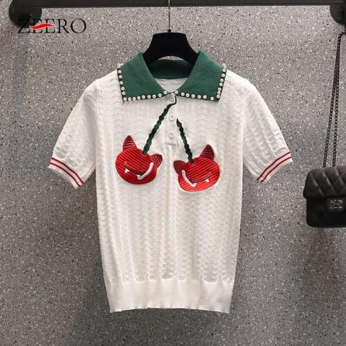 Summer New Casual Turn-Down Collar Beading Large Size Fashion Embroidered Knit Sweater Top Shirts for Women Woman Tshirts