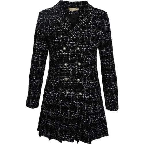 Autumn and winter models ladies lattice tweed suit collar double breasted pearl pleated Slim dress
