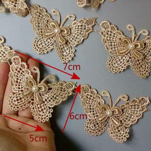 2 Yard Gold Butterfly Pearl Embroidered Lace Trim Ribbon Applique Sewing Craft Crochet Fabric Edging Trimmings Wedding