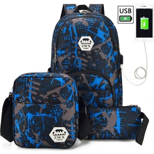 3pcs/set USB Male backpacks high school bags for women 2019 boys one shoulder big student travel bag men school backpack mochila