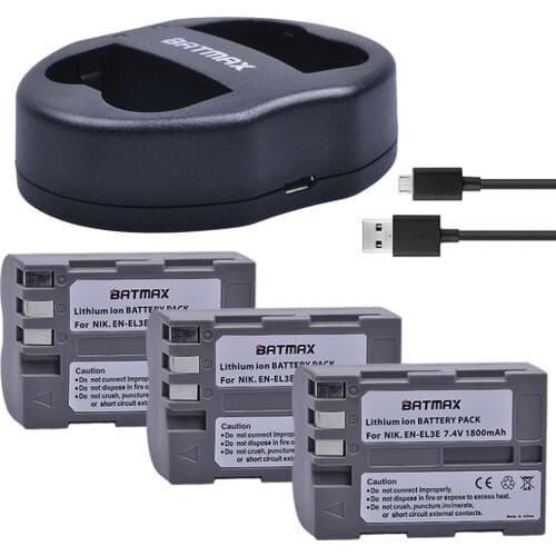 Batmax 3pcs EN-EL3e EN EL3E Battery+Dual USB Charger for Nikon ENEL3E EN EL3E D30 D50 D70 D90 D70S D300