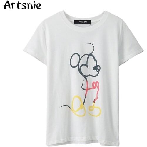 Artsnie mickey mouse cartoon white t shirt women summer o neck short sleeve tops femme streetwear casual ladies t-shirts mujer