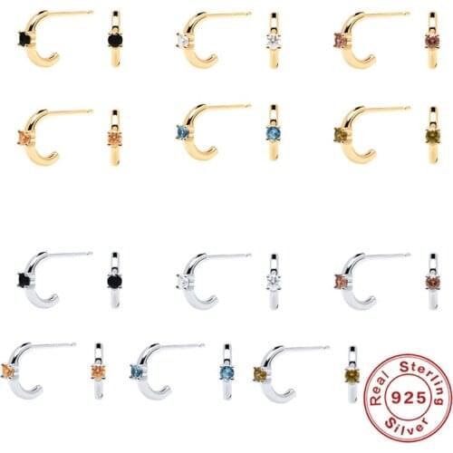 BOAKO 925 Sterling Silver Classic Half Moon Colorful Zircon Crystals Stud Earrings for Women Geometry Wedding Earrings Jewelry