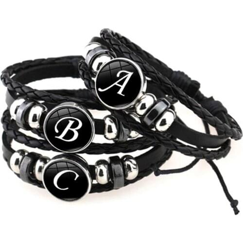 26 Letters Bracelet Personality Team Name Rope Bracelet Black Leather Bracelet Button Bangle Men Women Fashion Birthday Gifts
