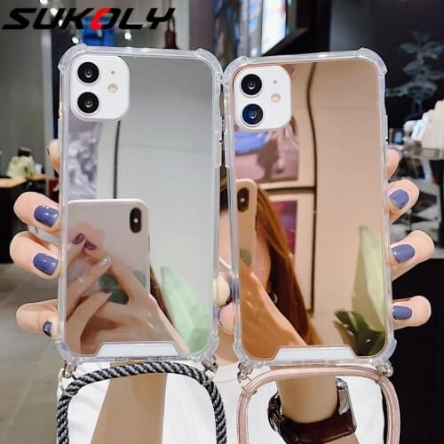 Strap Cord Chain Tape Necklace Lanyard Phone Case For iPhone 12 11 Pro X XR XS Max 6 6s 7 8 Plus Acrylic Mirror Back Cover