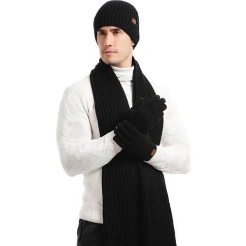 European American Knitted Wool Thickened Women Scarf Hat Gloves Set Touch Screen Warm Winter Men Scarves Christmas Gift