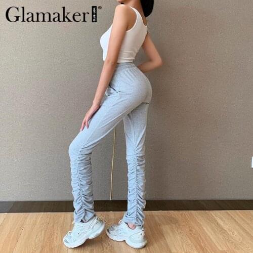 Glamaker Casual grey high waist sport shirnk pants Women fashion sportswear all-match trousers Fitness pile of pants 2021 new