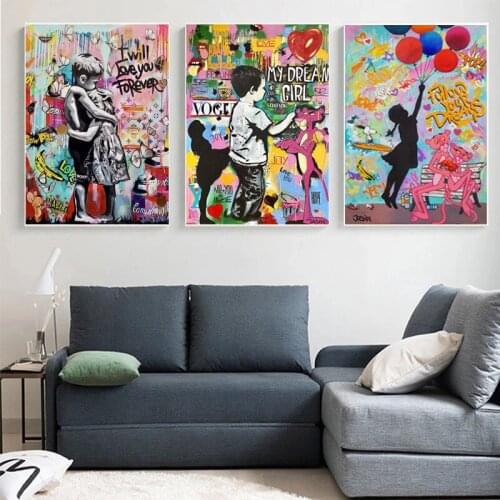 Grattifi Banksy Art Boys Girls Oil Painting on Canvas Wall Pictures for Living Room Home Cuadros Decor Wall Art Posters Prints