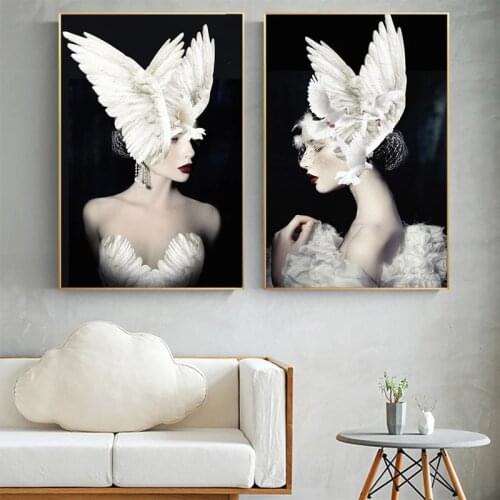 Modern Girl with White Pigeon and Feather Canvas Painting Posters and Prints Wall Art Picture for Living Room Home Decor Cuadros
