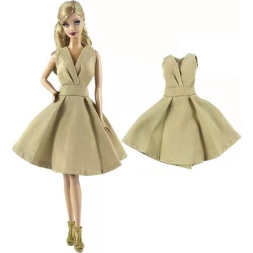 Classic Khaki Sleeveless V Neck 1/6 BJD Doll Clothes for Barbie Dress Princess Outfits Party Gown 11.5" Dollhouse Accessory Toys