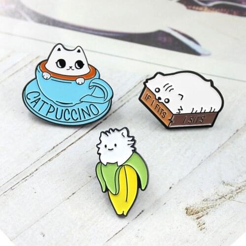 Cute Cat Brooch Banana Cat Box Lazy Cat Coffee Cup IF I FITS I SITS Kawaii Cats Collection Enamel Pin Denim Badge Friends Gifts